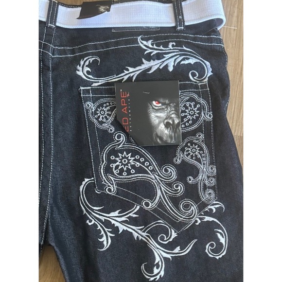 Red Ape Authentic Jeans 40 NWT Embroidered Y2K Streetwear Denim Baggy Belted 40 - Picture 4 of 14